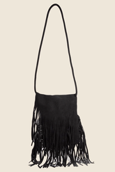 Vegan Suede Long Fringe Shoulder Bag - Black